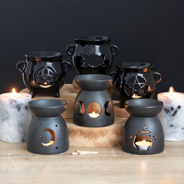 Black Cauldron Oil Burner, Black Cat,Black Mystical Moon Cut wax Burner, Black Pentagram,Black Triple Moon, Triquetra Cauldron,Pentagram