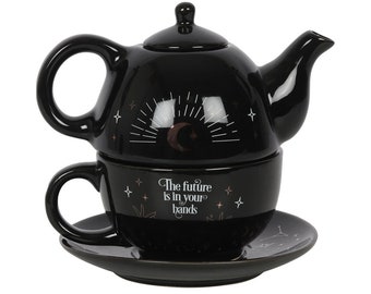 The Fortune Teller Tea For One Tea Set, 1 person teapot and mug set, glossy black spooky magic witchy gift ideas, modern home decor