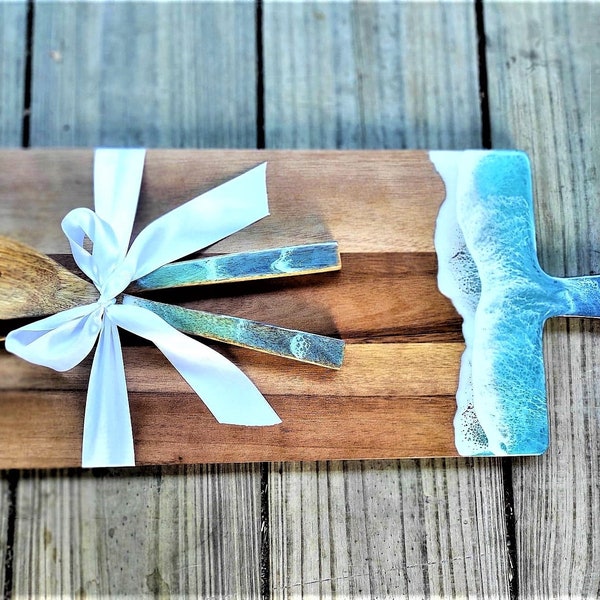 Unique Custom Large Ocean Resin Board Set with Salad Servers - Personalised Engraved - Choose your colours