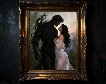 May include: A framed painting depicts a dark figure embracing a woman in a flowing white dress. The artwork has a gothic theme, with the figures set against a soft, atmospheric background. The ornate gold frame adds a touch of elegance.