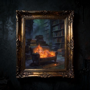 May include: A framed artwork depicts a fiery creature seated in a burning armchair within a library. The artwork is set in a gold ornate frame. Bookshelves and stacks of books are visible in the background, with a dark, moody atmosphere.