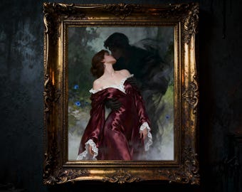 May include: An ornate, gold-framed painting depicts a romantic scene. A woman in a burgundy dress with white lace trim is embraced by a shadowy figure. The artwork has a dark, gothic aesthetic, with a forest background and blue flowers.