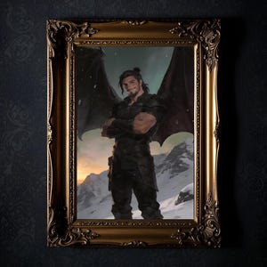 May include: A framed digital art print featuring a male figure with dark wings, set against a snowy mountain backdrop. The artwork is displayed in an ornate gold frame, adding a touch of elegance to the fantasy-themed scene.