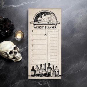 May include: A beige weekly planner with a gothic theme. The top features a skull, moon, and candles. The planner includes sections for each day of the week and "Spells to Cast." Below are illustrations of potion bottles. The text "WEEKLY PLANNER" is at the top.
