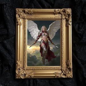 May include: A framed artwork featuring a warrior angel with white wings, holding two swords. The angel is clad in silver and burgundy armor, set against a cloudy sky. The ornate gold frame adds a decorative touch.