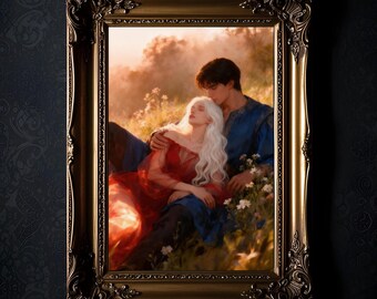 Fantasy Romance Sunlit Meadow Digital Art | Romantic Couple Outdoors Illustration, Romantasy Print | Downloadable, 6K