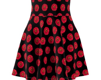 Women's Skater Skirt, Black with Red Zinnia Flowers; Red and Black Skirt; Stretchy High-Waisted A-Line Flared Mini Skirt; Size XS-2XL