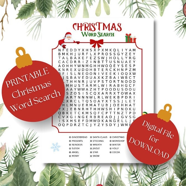 Printable Christmas Word Search, Children's Holiday Activity, Classroom Santa Seek and Find, Festive Brain Teaser