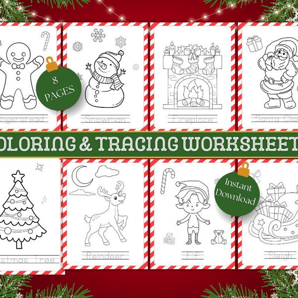 Christmas Coloring and Handwriting Practice Pages Bundle, Printable Children's Holiday Activity, Festive Word Tracing Game, Classroom Xmas