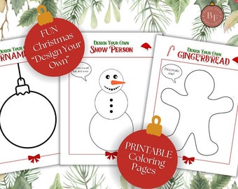 Christmas Coloring Pages, Ornament, Snowman, Gingerbread (Printable PDF)