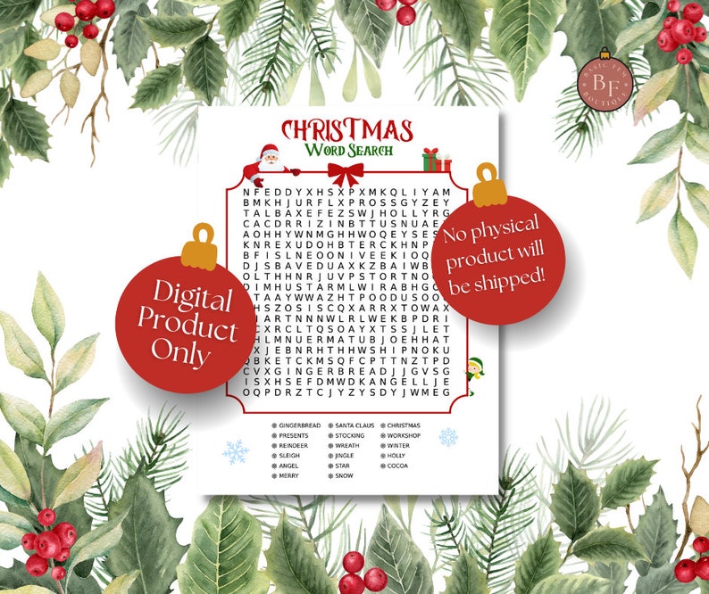 Printable Christmas Word Search, Children's Holiday Activity, Classroom Santa Seek and Find 