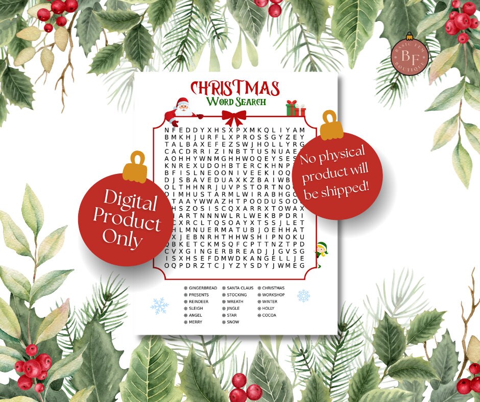Printable Christmas Word Search, Children's Holiday Activity, Classroom Santa Seek and Find 