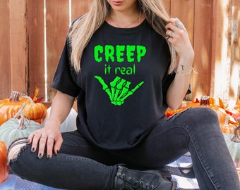 Creep It Real Halloween T-Shirt, Vintage Skeleton Hang Loose Tee