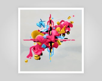Limited edition 500 x 500mm colourful toys giclée print ‘let’s play again’