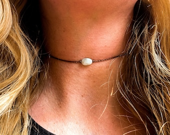 Green Moonstone Pebble Necklace | Waterproof Crystal Choker | Minimalist Boho Necklace | Handmade Jewelry | Gift for Her