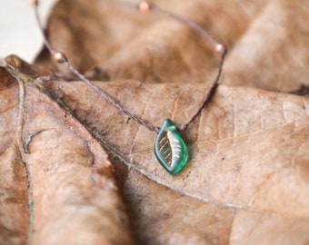 Delicate Green Leaf Choker | Green Czech Glass Necklace | Minimalist Boho Necklace | Gift for Her | Adjustable Choker