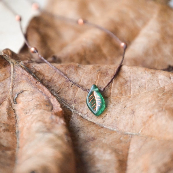 Delicate Green Leaf Choker | Green Czech Glass Necklace | Minimalist Boho Necklace | Gift for Her | Adjustable Choker