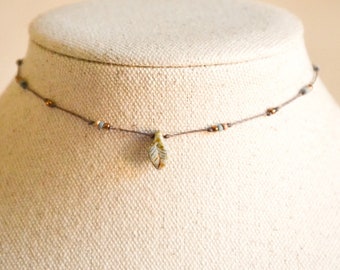 Delicate Pale Slate Leaf Choker | Earthy Knotted Czech Glass Necklace | Minimalist Boho Handmade Jewelry | Gift for Her