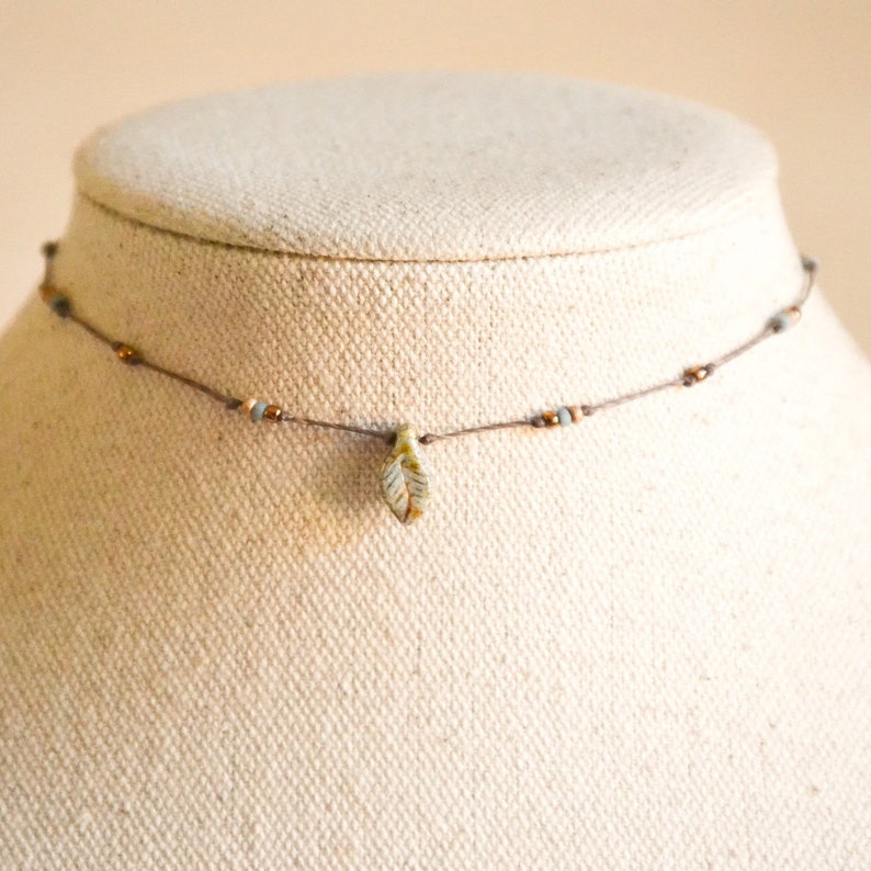 Delicate Pale Slate Leaf Choker Earthy Knotted Czech Glass Necklace Minimalist Boho Handmade Jewelry Gift for Her image 1