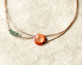 Orange Mother of Pearl & Apatite Double Strand Necklace | Minimalist Boho Choker | Surfer Style Necklace | Gift for Her