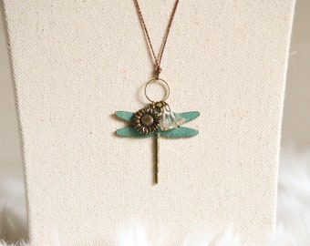 Hippie Dragonfly Necklace | Rustic Sunflower Charm | Handmade Jewelry | Modern Bohemian Pendant Necklace | Gift for Her