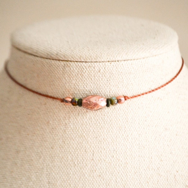 Hippie Boho Copper Necklace | Fire Polished Czech Glass Copper & Olive Necklace | Dainty Handmade Jewelry | Gift for Her