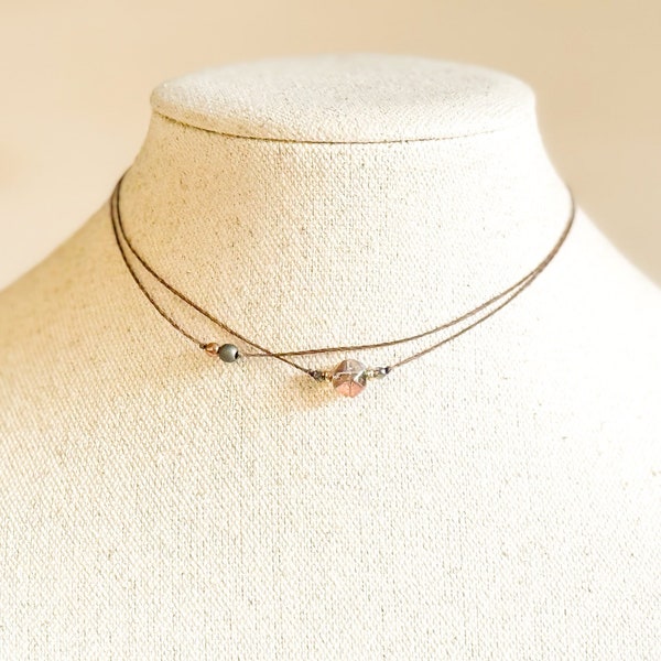 Dainty Charcoal & Rose Gold Double Strand Necklace | Rose Gold Czech Glass Choker | Hippie Boho Necklace | Gift for Her