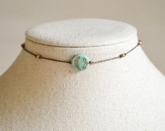 Celestial Moon & Stars Boho Choker | Dainty Turquoise Czech Glass Necklace | Hippie Handmade Jewelry | Gift for Her