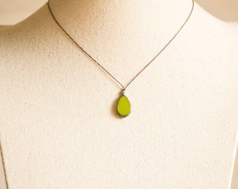 Earthy Green Teardrop Necklace | Dainty Green Czech Glass Pendant | Hippie Boho | Rustic Handmade Jewelry | Gift for Her