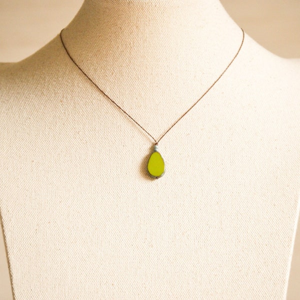 Earthy Green Teardrop Necklace | Dainty Green Czech Glass Pendant | Hippie Boho | Rustic Handmade Jewelry | Gift for Her