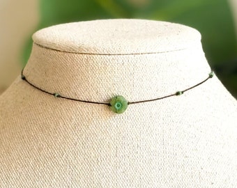 Tropical Green Flower Necklace | Green Czech Glass Choker | Minimalist Boho Necklace | Gift for Her | Adjustable Cord Choker