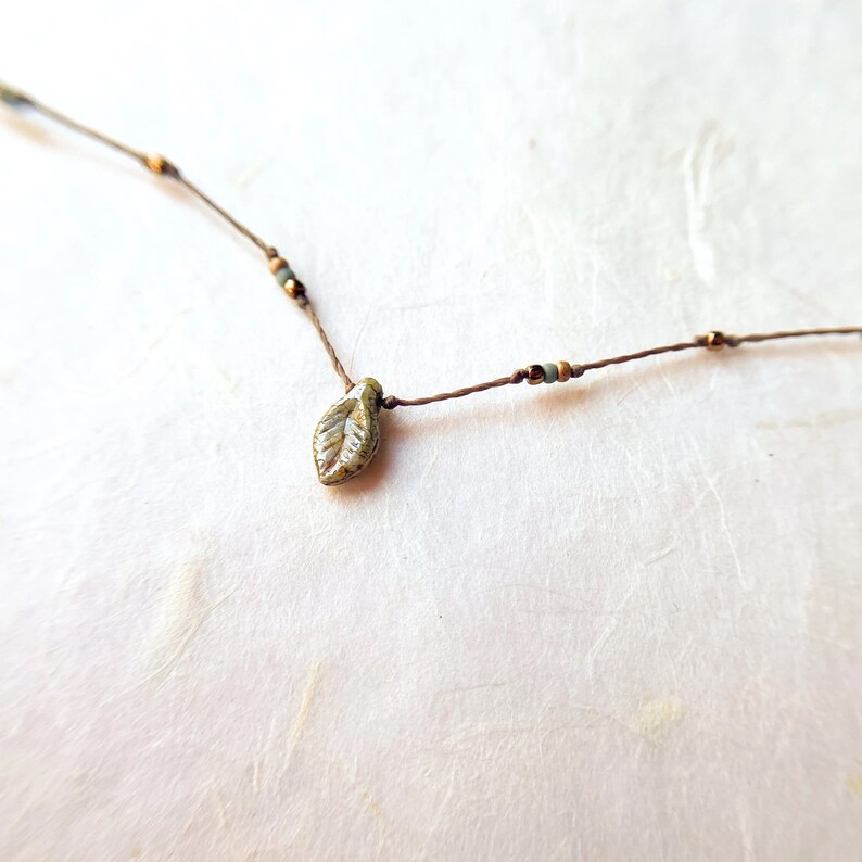 Delicate Pale Slate Leaf Choker Earthy Knotted Czech Glass Necklace Minimalist Boho Handmade Jewelry Gift for Her image 5