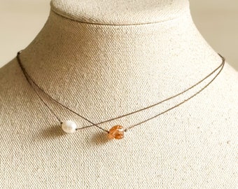 Peach Quartz Nugget & Pearl Layered Necklace | Minimalist Boho Choker | Dainty Adjustable Cord Necklace | Gift for Her