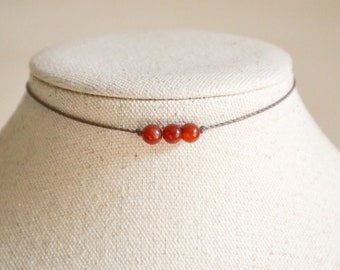 Minimalist Red Carnelian Choker | AAA Natural Gemstone | Handmade Adjustable Cord Necklace | Waterproof Crystal Choker