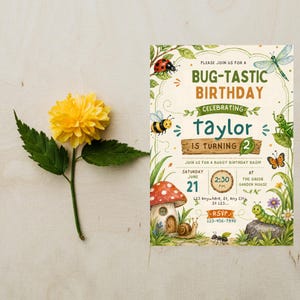 Inbjudan till insekts- och krypfödelsedag, Buzz Hop Crawl, utomhusinbjudan till naturtemafest, insekts- och krypfödelsedagsinbjudan, redigerbar Canva-mall