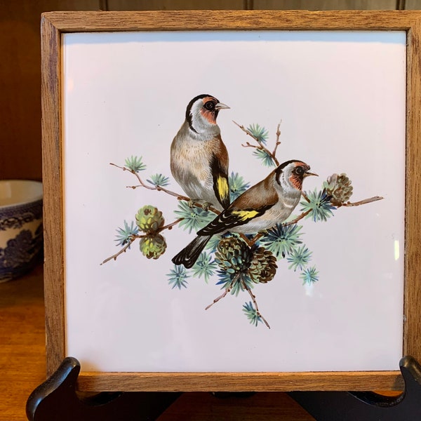 Tronholm ceramic tile with two European Goldfinches. Made in Randers, Denmark.