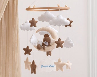 Mobile bébé personnalisé avec nom en feutre - Décoration chambre bébé pour filles et garçons - mobile bébé, carillon éolien lune et ours - fait main
