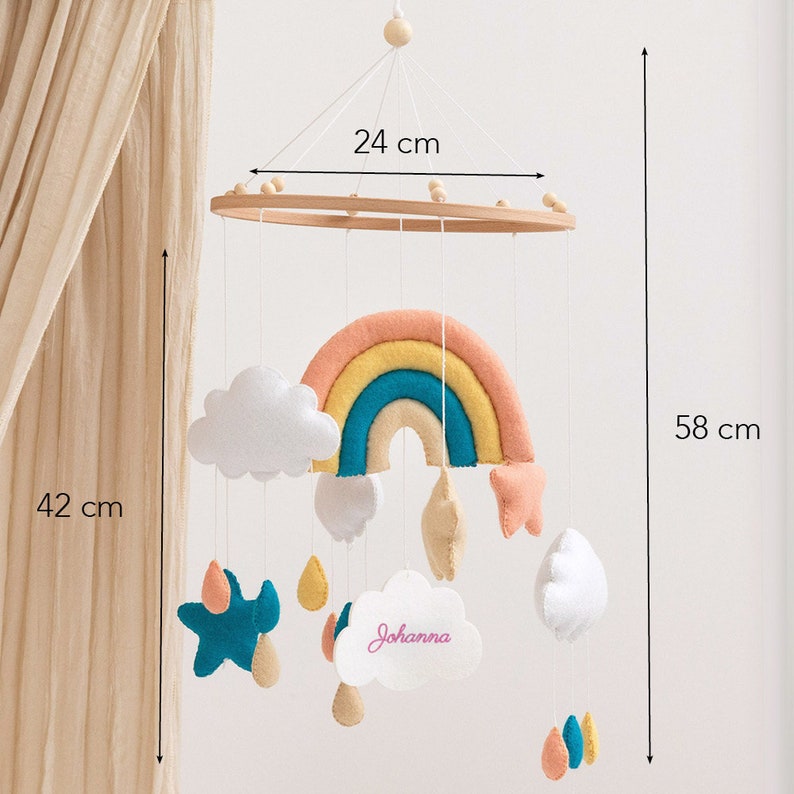 Mobile bébé personnalisé avec nom en feutre Décoration chambre bébé pour filles et garçons mobile bébé, carillon éolien lune et ours fait main image 7