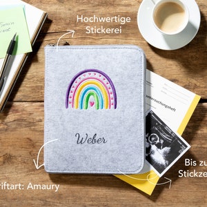 Personalisierter Mom's Organizer aus Filz U-Heft Hülle A5 für Kinderuntersuchungsheft, Mutterpass Geschenk zur Geburt, Babyshower Regenbogen, hellgrau