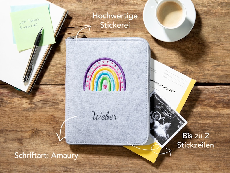 Personalisierter Mom's Organizer aus Filz U-Heft Hülle A5 für Kinderuntersuchungsheft, Mutterpass Geschenk zur Geburt, Babyshower Regenbogen, hellgrau