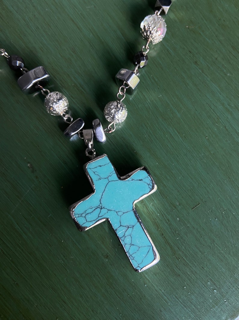 Short Turquoise Beaded Cross Necklace