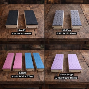 May include: A collection of wooden blocks in various sizes, each with a textured surface. The sizes are labeled "Small" (9.8 x 3.9 x 2.4 inches), "Medium" (11.8 x 3.9 x 2.4 inches), "Large" (13.8 x 4.7 x 2.4 inches), and "Extra Large" (15.7 x 4.7 x 2.4 inches).