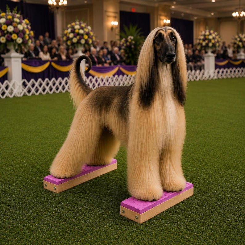 May include: An Afghan Hound stands on two small, rectangular purple platforms on a green surface. The dog has long, flowing, tan fur with black accents on its face and ears. The background includes a crowd of people and floral arrangements.