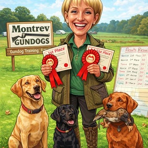 May include: Illustration of a woman holding two "1st Place" ribbons and certificates, surrounded by three dogs. The sign reads "Montrev Gundogs" and "Gundog Training & Trials". The dogs are a yellow lab, a black lab, and a brown lab with a bird in its mouth.