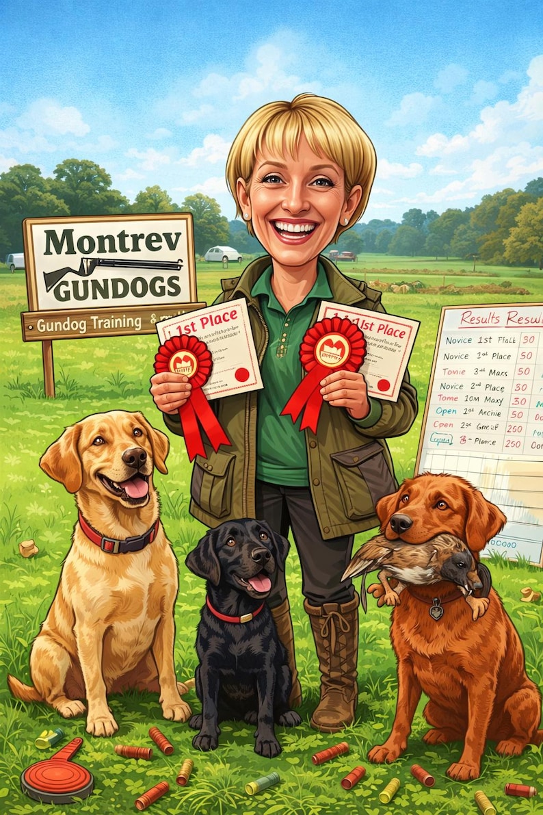May include: Illustration of a woman holding two "1st Place" ribbons and certificates, surrounded by three dogs. The sign reads "Montrev Gundogs" and "Gundog Training & Trials". The dogs are a yellow lab, a black lab, and a brown lab with a bird in its mouth.