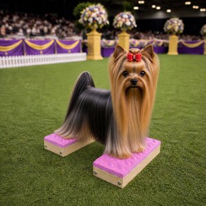 May include: A Yorkshire Terrier dog with long, flowing, tri-color fur stands on a pink platform. The dog has a red bow in its hair. The background features a green field, floral arrangements, and spectators.