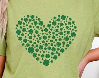 Shamrock Heart Shirt Irish Clover Design Apparel Paddy Celebration Lucky Charm Gift Girlfriend Cute Tee Patrick Day Green Heart Leaf Clovers