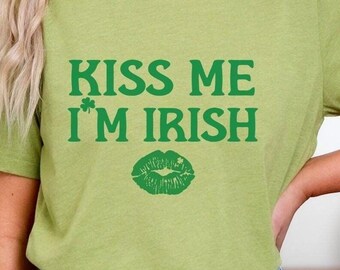 Kiss Me Tee Shirt Design Funny Irish Green Shamrock Graphic Paddy Celebration Holiday Clothing Casual Wear Parade Outfit Festive Tradition