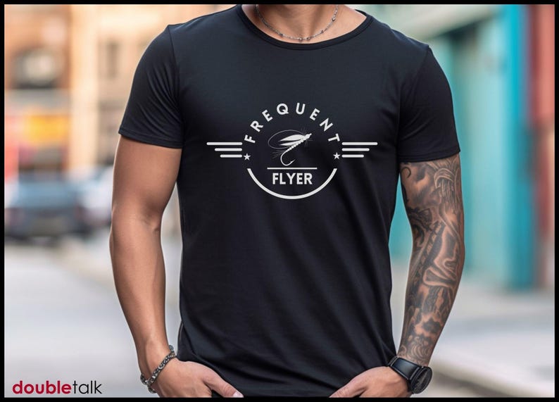 Fishing Gift Dad Fly Fishing Tshirt Frequent Flyer Design Cotton Jersey Material Trout Fishing Apparel Bass Angler Shirt Fathers Day Present Quality Print Graphic Comfortable Outdoor Wear Unisex Fit Short Sleeve Style Ribbed Collar