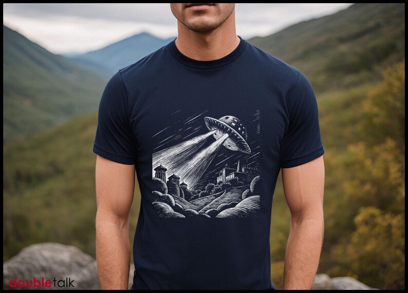 Space Enthusiast Gift Retro UFO Shirt Vintage Alien Design Flying Saucer Graphic Extraterrestrial Imagery Cotton Jersey Unisex Fit Short Sleeve Tee Mysterious Spacecraft Illustration Classic Style Comfortable Fabric Premium Quality Print